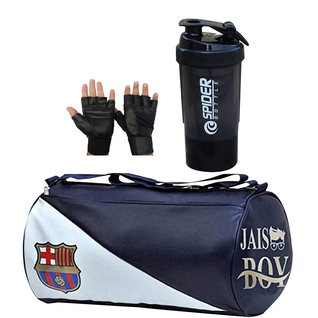 jais boy - we made for young generation Men's FCM Sports Leather Gym Bag Gloves and Spider Black Shake Fitness Kit Accessories Combo-picture-30
