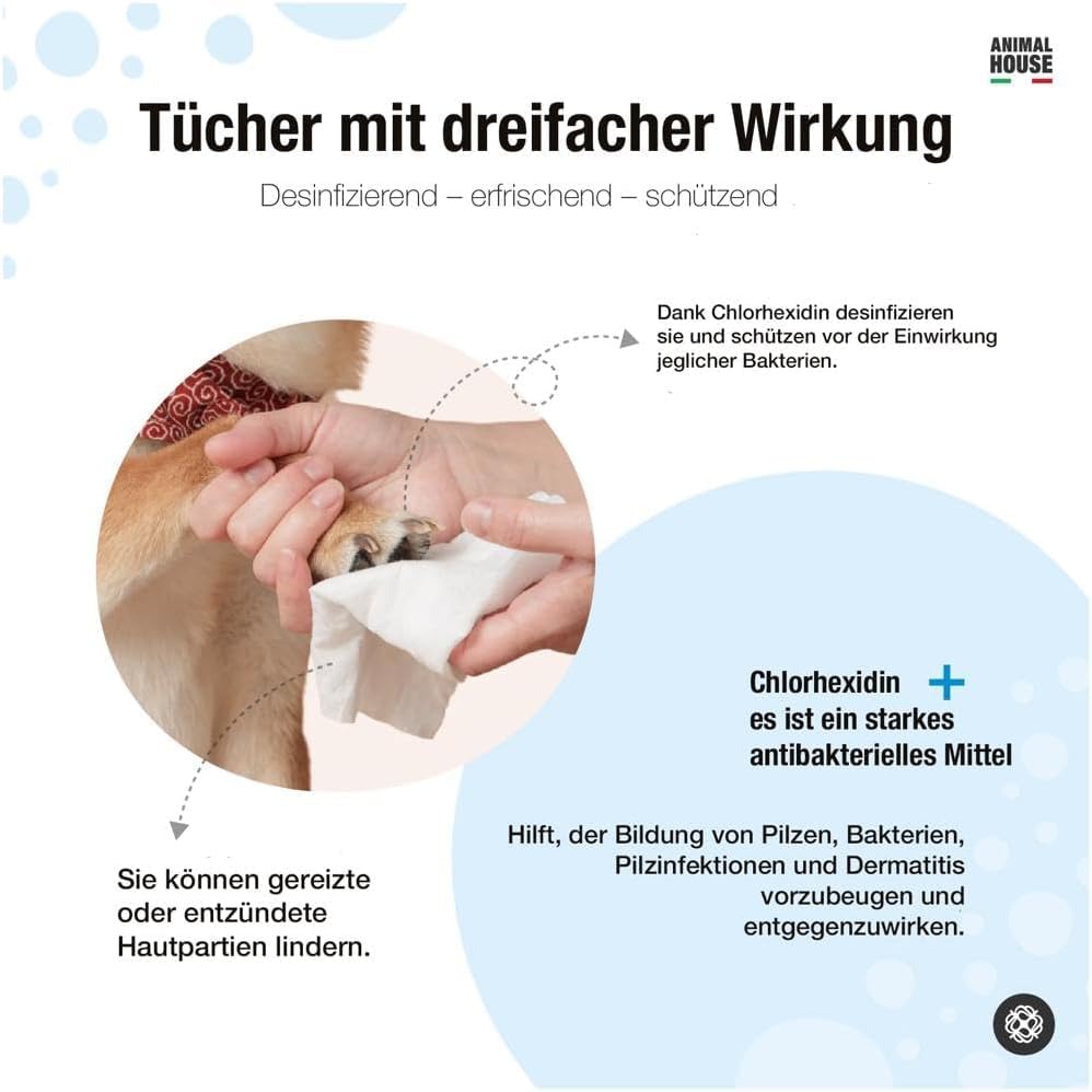 Animal House Dufttücher 35 Stück: Hypoallergene und biologisch abbaubare Feuchttücher für die tägliche Reinigung von Hunden und Katzen (35, Aloe und Chlorhexidin)