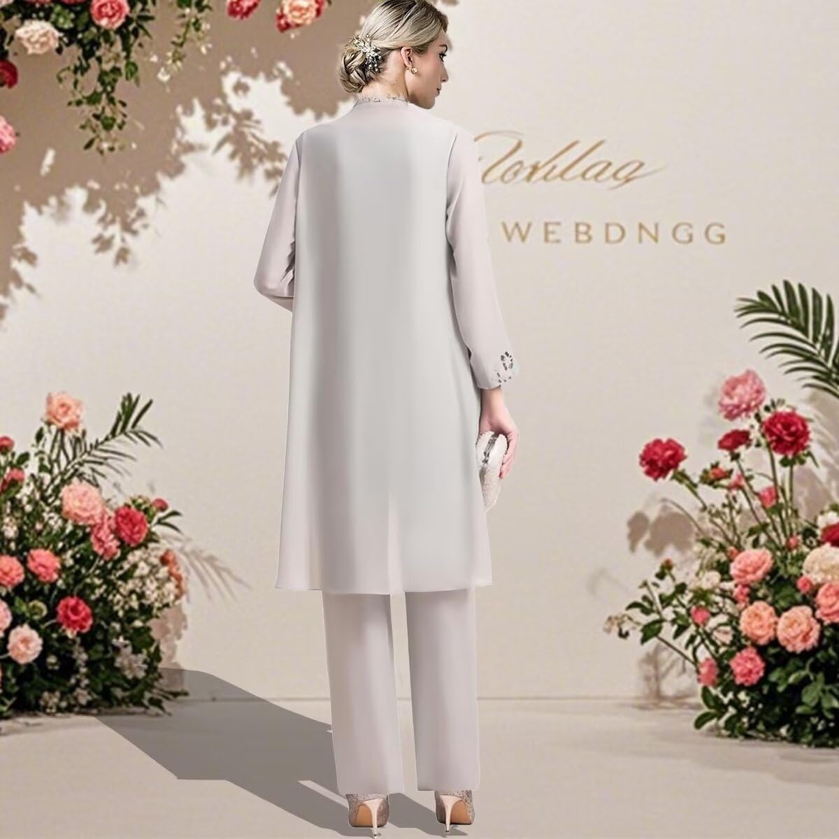 3 Pieces Mother of The Bride Pant Suits - Chiffon Plus Size Wedding Guest Dress Lace Applique Formal Outfit with Jackets