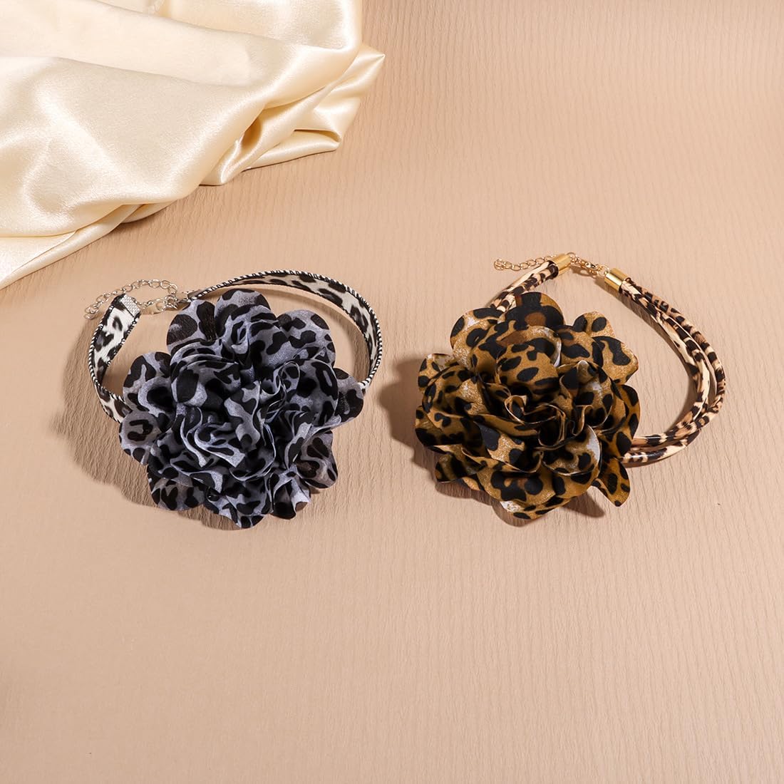 Leopard Print Big Rose Flower Layered Statement Choker Necklace Fabric Floral PU Leather Chain Adjustable Necklaces Boho Party Accessories Jewelry for Women - Image 6