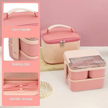 Bento Lunch Box with Compartments, 1800ML Bento Box with Insulated Bag & Cutlery, 2 Layer Leak Proof Bentos Boxs Meal Prep Container Boxs for Kids Adults School Office Picnic(Pink)
