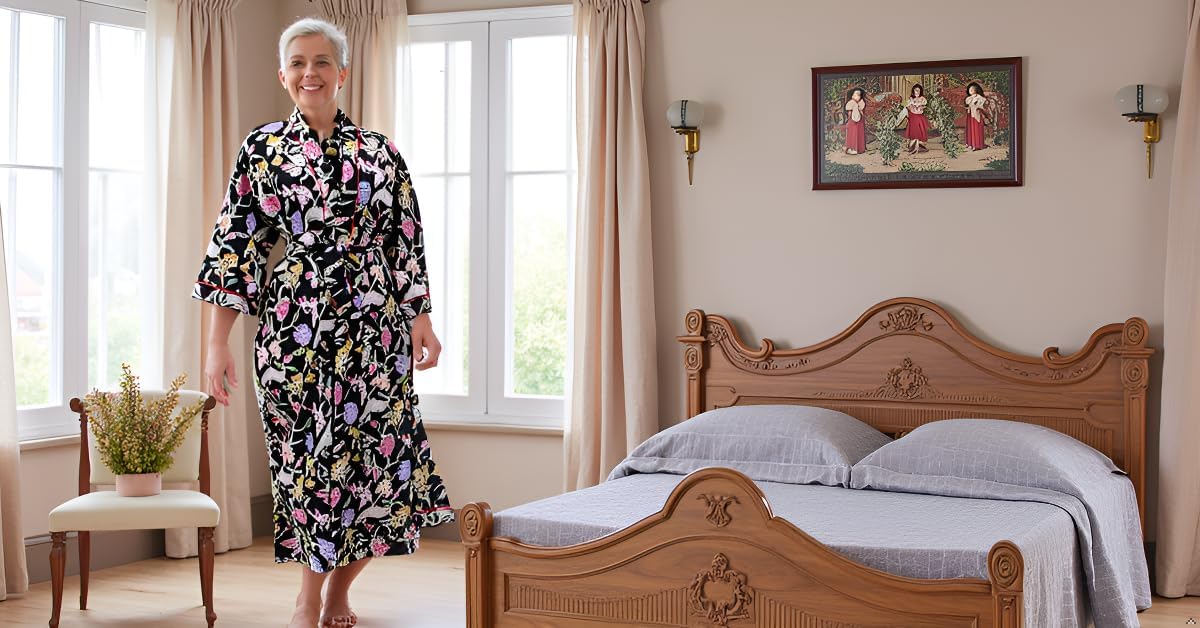 CRAFT KALA Women's Kimono Robe Long Robes with Peacock and Blossoms Printed Kimono Nightgown - Image 2