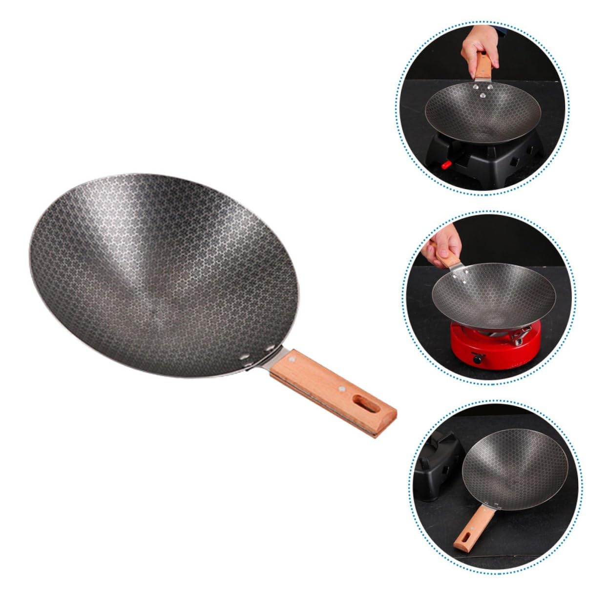 GANAZONO Wok Giapponese Piccolo in Ferro con Fondo Tondo per Cucina Induzione e Outdoor Manico in Legno Resistente alle Alte Temperature Padella Antiaderente Facile da Pulire