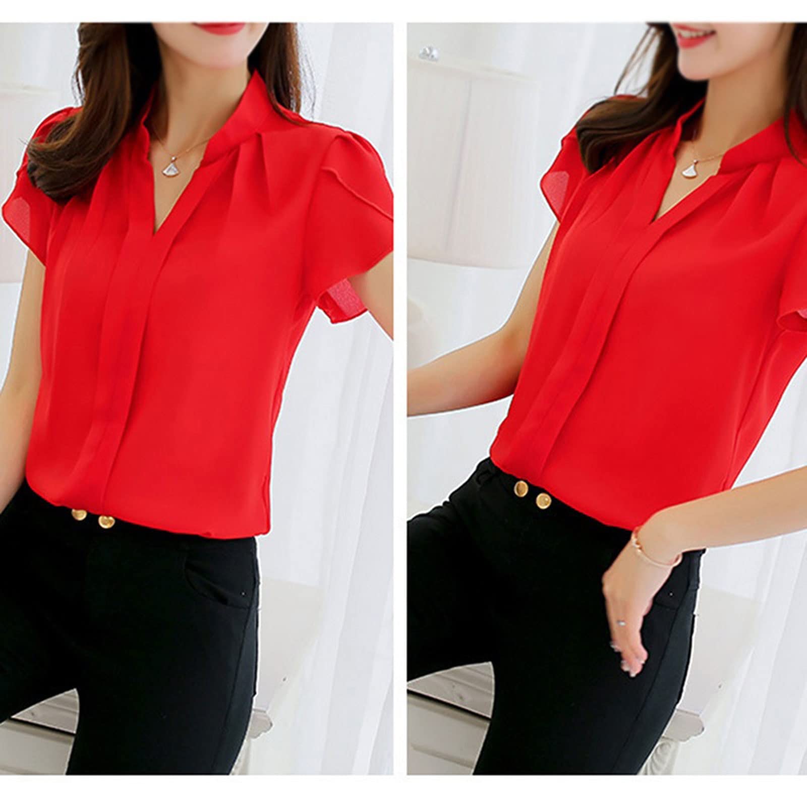 Blusa de gasa para mujer, de manga corta, elegante, formal, para oficina, ropa