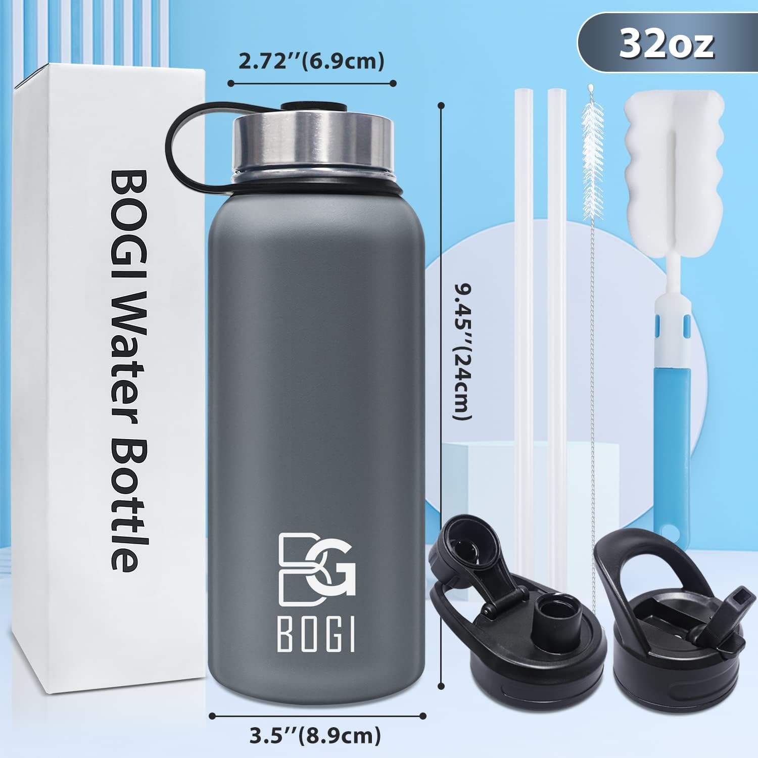 BOGI Insulated Water Bottle 32 oz, Double Wall Vacuum Stainless Steel Water Bottle with Straw and 3 Lids, Sweat-Proof Wide Mouth Steel Water Bottle Keeps Hot or Cold for Sports Gym Office (Grey) - Image 2