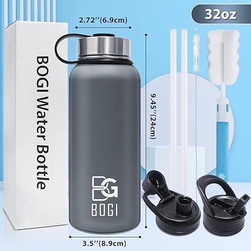 Miniatura 2 de BOGI Botella de agua aislada de 32 onzas, botella de agua de acero inoxidable al vacío de doble pared con popote y 3 tapas, a prueba de sudor,