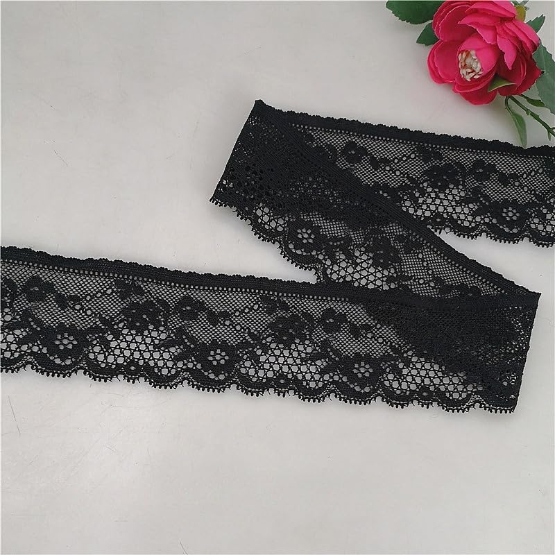 URROMA Pizzo elastico con paillettes nere, 12 metri, in tessuto, con bordo in pizzo, per cucito, decorazione di abiti e confezioni regalo