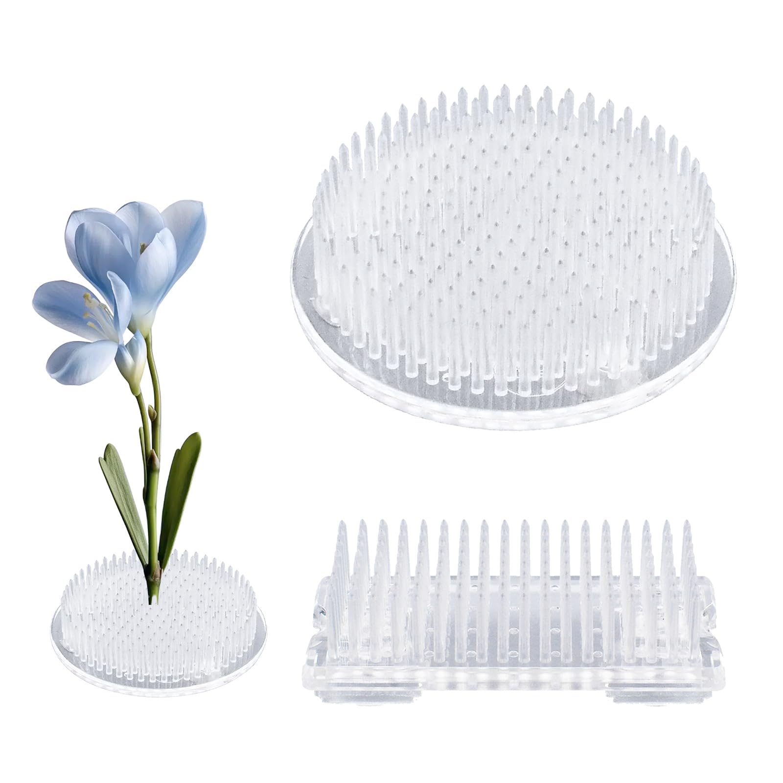 Wandic Round And Rectangle 2Pcs Flower Frog, Round Rectangle Clear Plastic Ikebana Kenzan Frog Japanese Holder With 3 Suckers For Diy Flower Craft