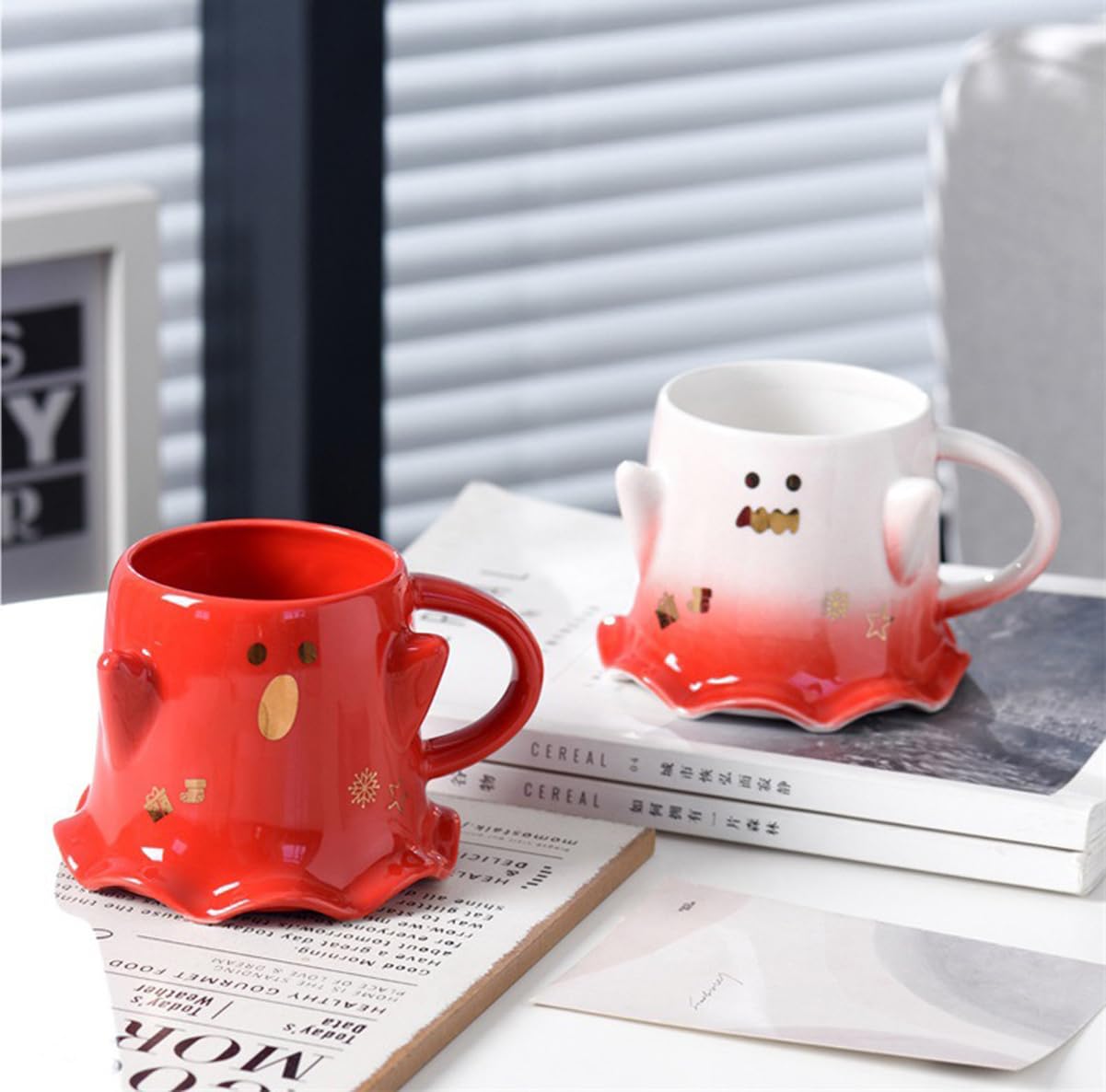 KKGUD Novelty Mini Cup, Ceramic 4.5oz Halloween Coffee Cup with Spoon- Scary Ghost (Red), Scary Ghost- Red, 130ml, Small - Image 4