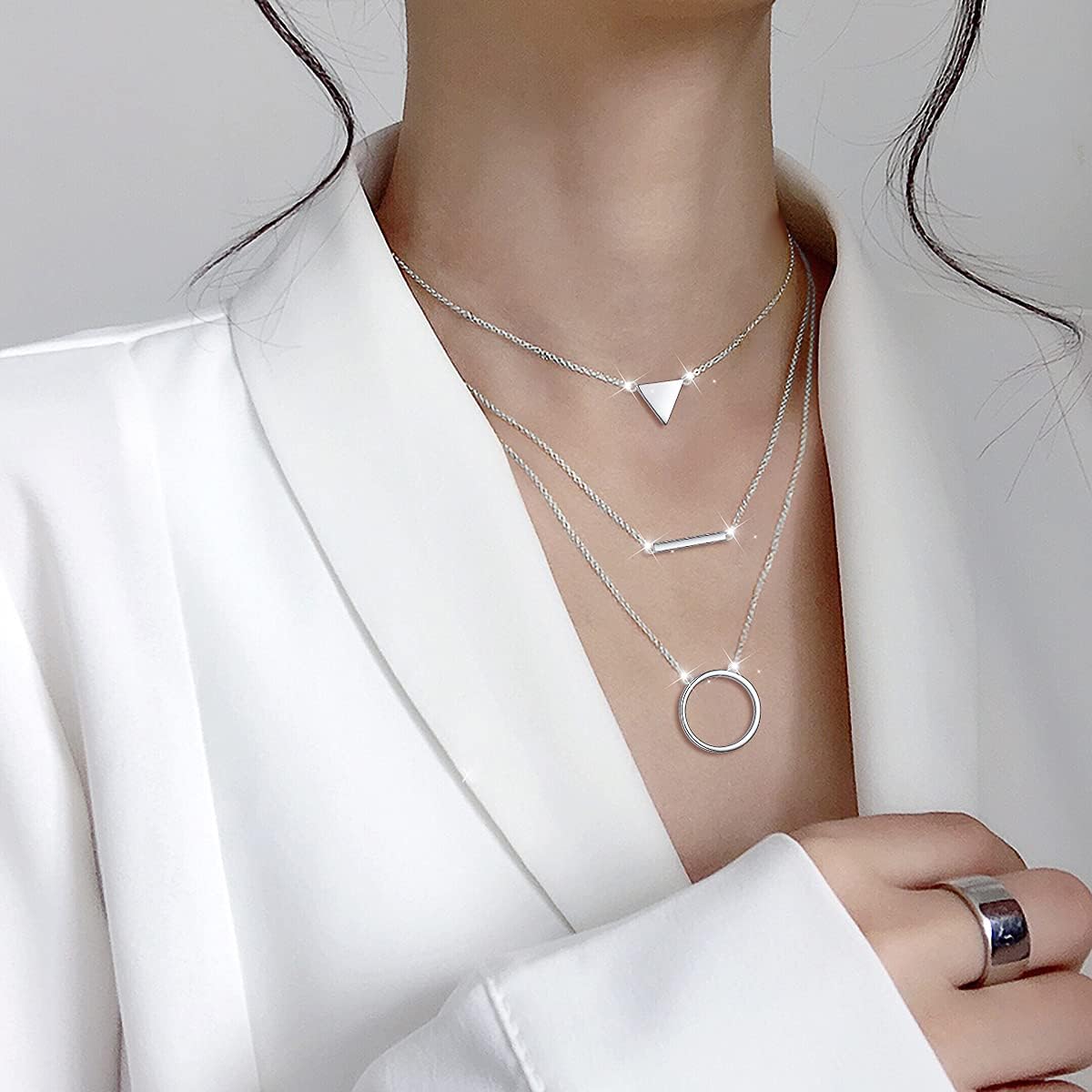 DAOCHONG Mothers Day Gifts S925 Sterling Silver Multilayer Layered Triple Long Chain Pendant Necklace for Women Jewelry