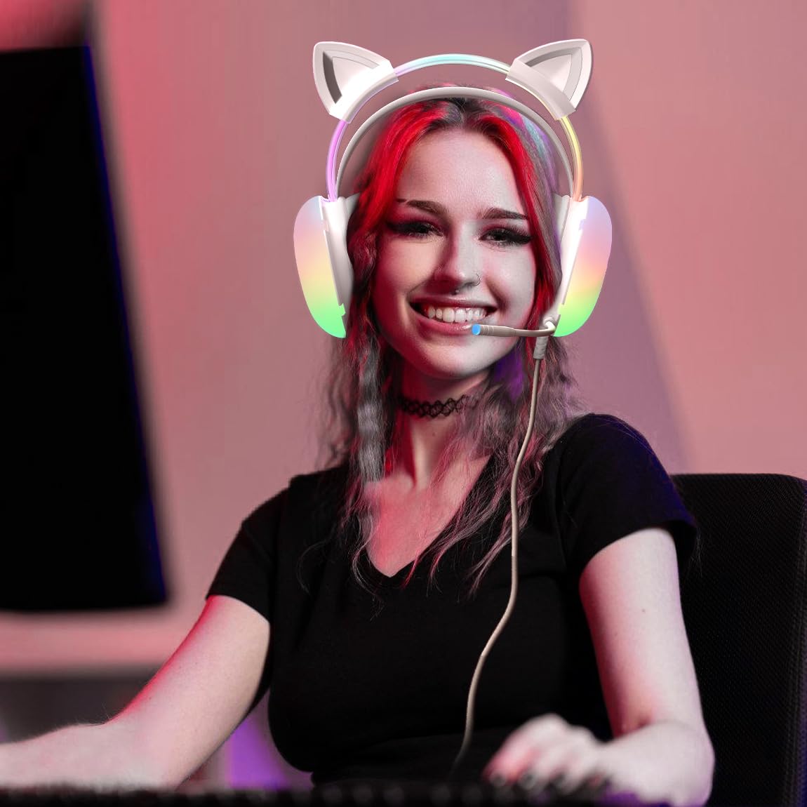 Cuffie da gioco con orecchie di gatto con microfono, illuminazione arcobaleno RGB, suono surround, cuffie over-ear cablate da 3,5 mm per PC/interruttore/laptop, fascia leggera e regolabile