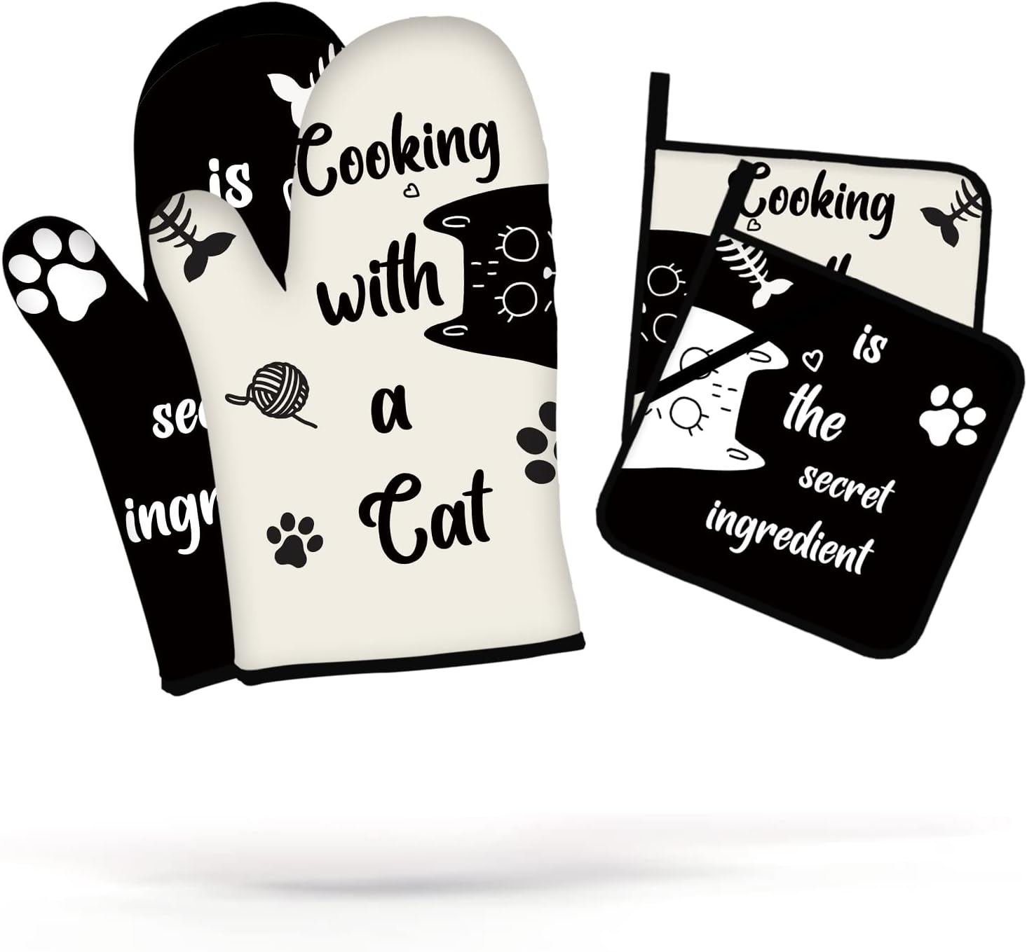 Cute Cat Oven Mitts and Pot Holders Sets White Black Heat Resistant Oven Mitts
