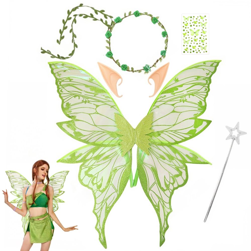 WEFHEF 5 Kits de Déguisement Fée Adulte Vert, Ailes de Papillon + Oreilles d 'Elfe + Bandeau de Faux Fleur + Baguettes d'Étoile, Déguisement Féerique Femme Princesse, pour Carnaval Soirée Cosplay Fête