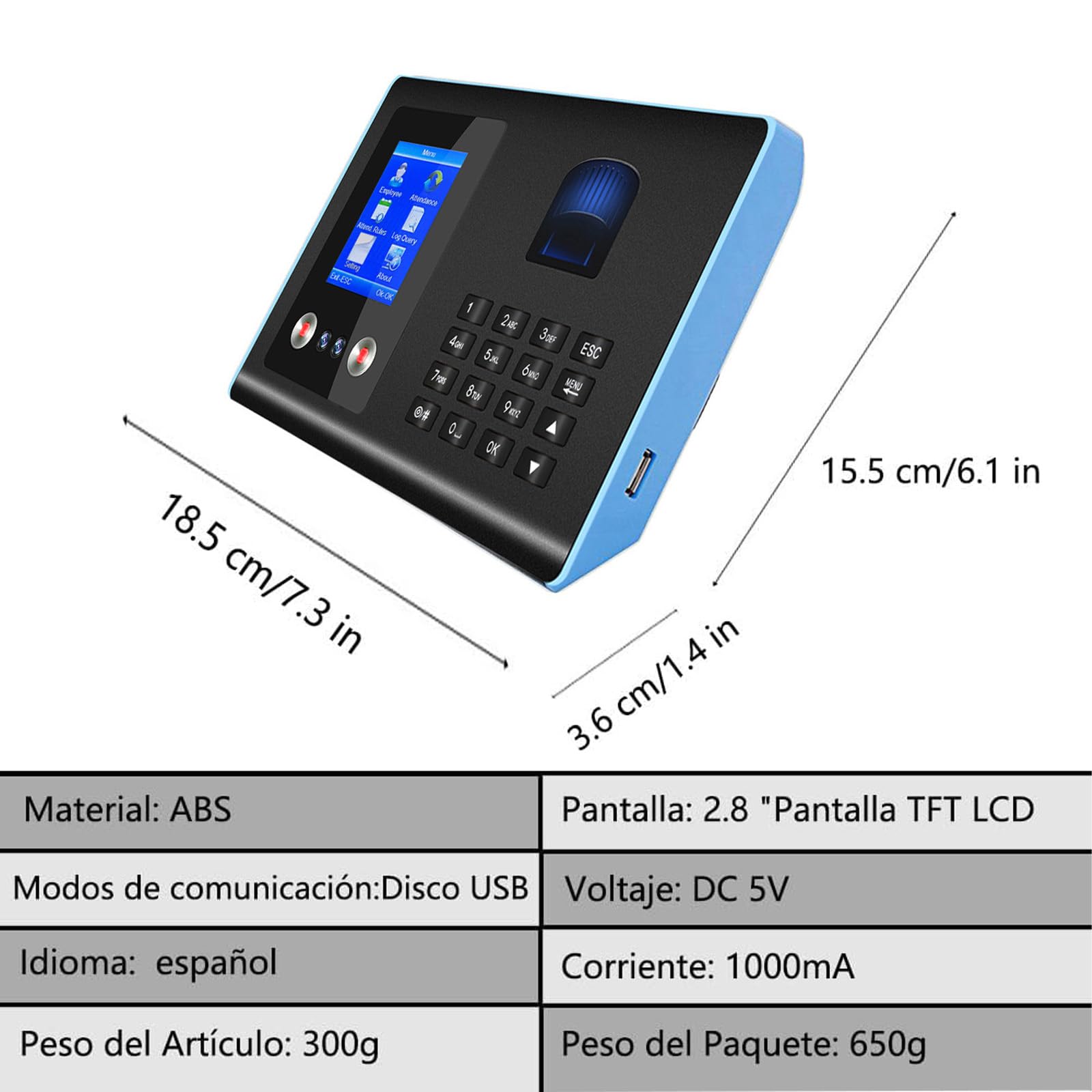 Máquina de Asistencia,Máquina Fichar de Asistencia Biométrica de Huella Dactilar con Sistema Española Pantalla LCD, 500 Rostros y 1.500 Huellas Dactilares,Azul