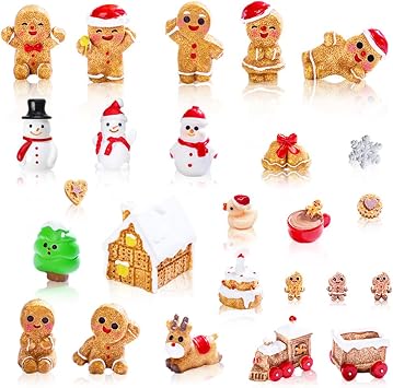 30 Pcs Mini Christmas Figures - Gingerbread Man, Resin Snowman, Fairy Garden & Snow Globe Decor