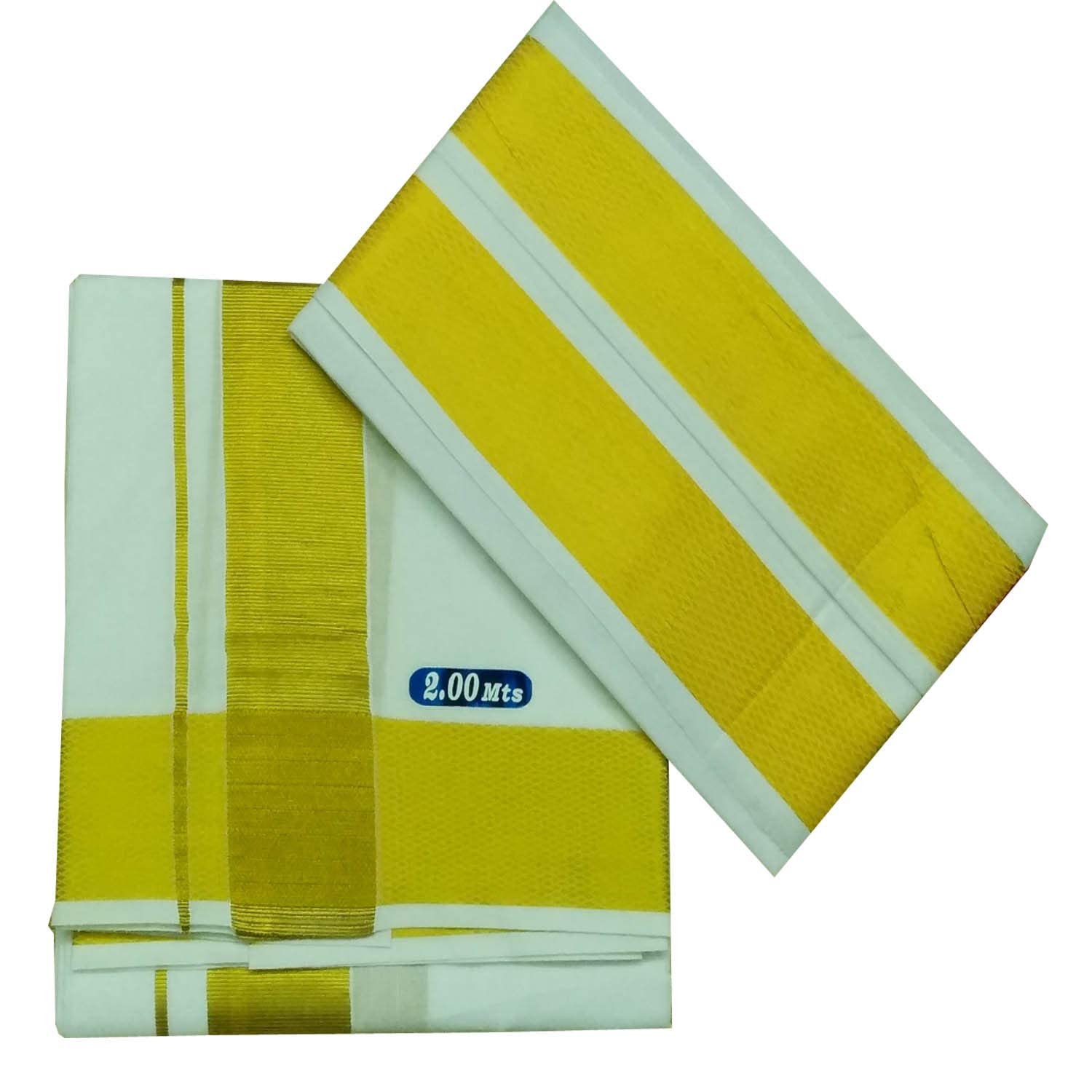 Kolakeerâ„¢ Men's Cotton Kasavu Dhoti and Angavastram Set - 2.0Mtrs 100K Veshti Mundu and 100K 1.8Mtrs Angavastram (WBB-White)