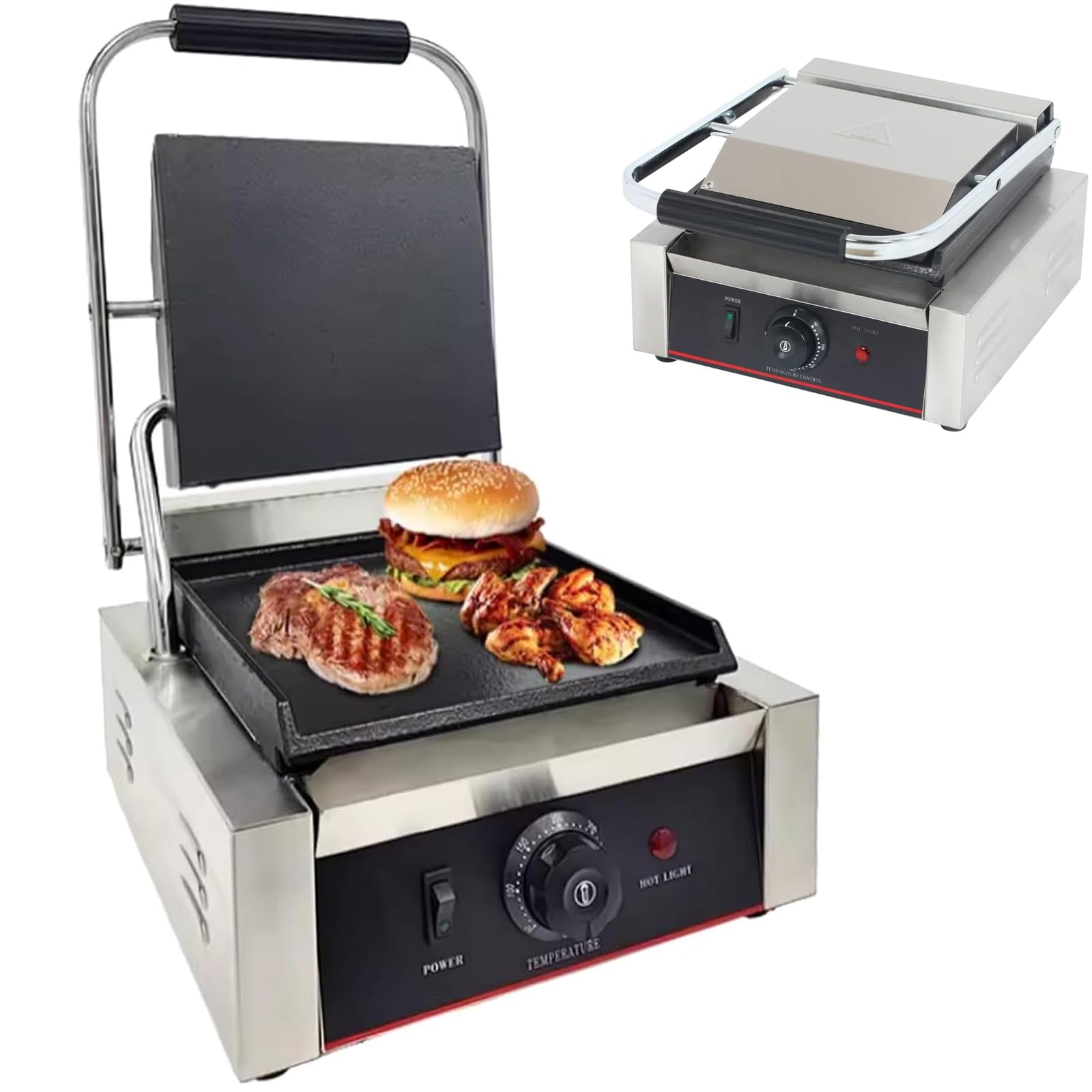 Commercial Panini Press, dwustronne ogrzewanie elektryczne kanapki Panini Grill z powłoką bezstronną i 50-300 ℃ Regulowana temperatura, maszyna do kanapki tosterowej dla hamburgerów steków