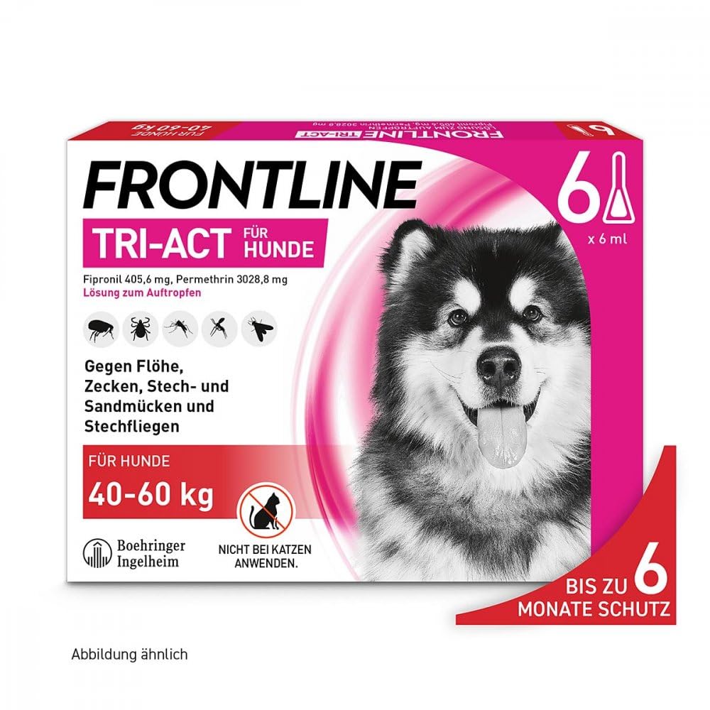 FRONTLINE TRI-ACT Hund XL gegen Zecken, Flöhe & Mücken (40 bis 60 kg) | 6x Pipetten für bis zu 6 Monate Schutz - wasserfest - perfekt auf Reisen - beugt Leishmaniose vor - für große Hunde