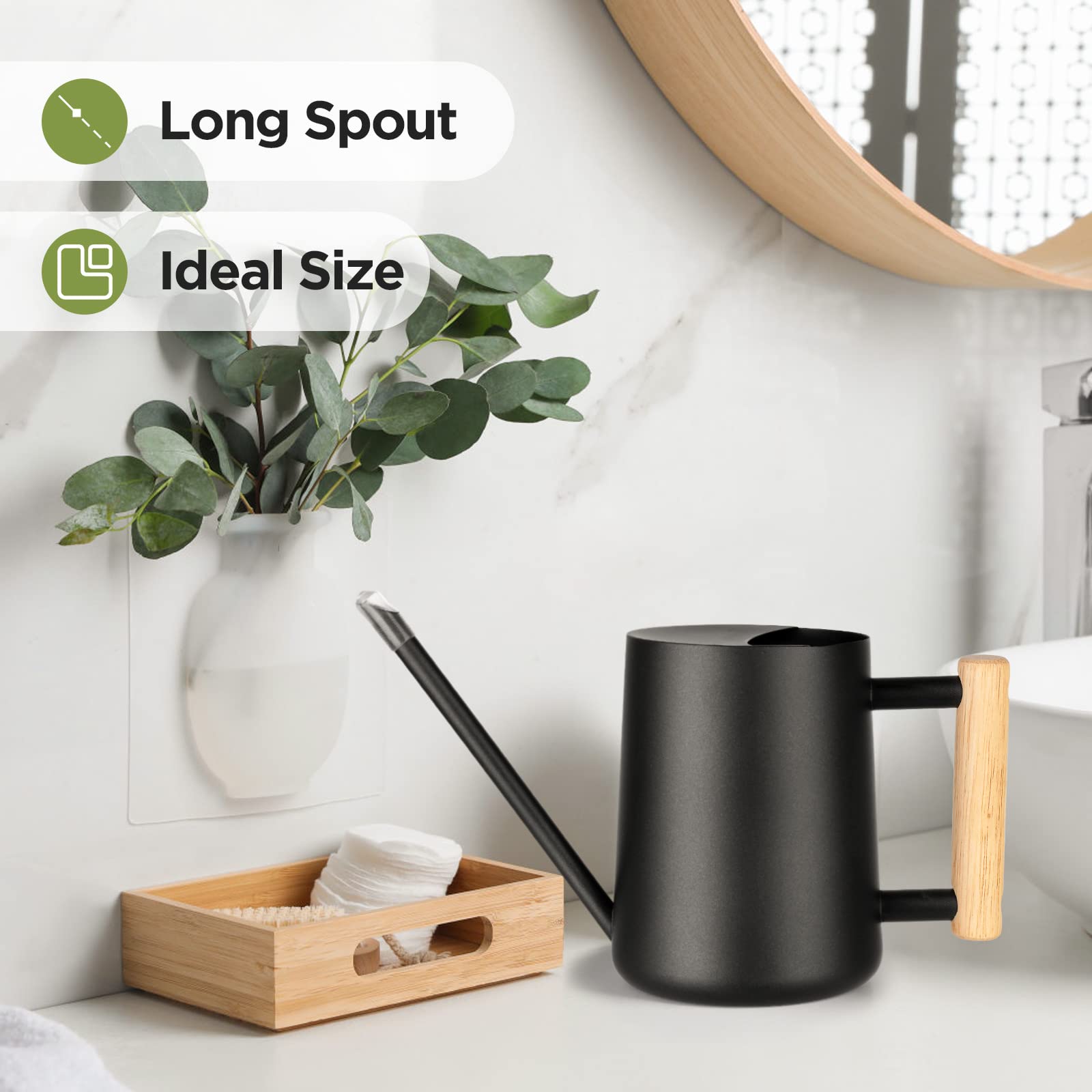 Annaffiatoio In Acciaio Inox Da 1 Litro: Con Beccuccio Lungo E Manico In Legno, Ideale Per Piante Da Interno E Fiori (nero, A Prova Di Perdite) - 4