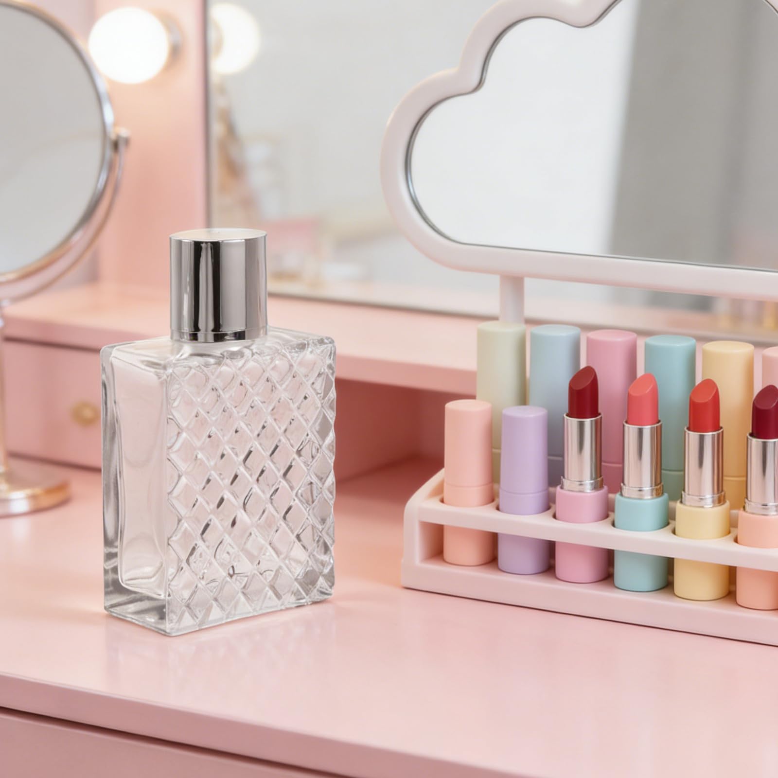 4 wielokrotnego użytku szklane atomizery do perfum, 100 ml, srebrna nakrętka i pompka rozpylająca, w zestawie lejek, słomka i naklejka, pusta butelka na zapach do podróży, na imprezy