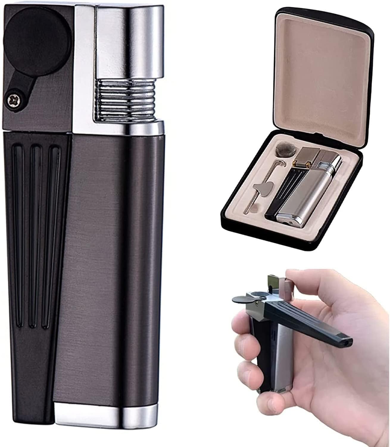 2023 New Portable Hitter Lighter - 2 in 1 Metal Lighter with Rotatable Tube,Foldable Butane Torch Lighter w/Soft Flame,Upgrade Metal Cover Open Flam,Novelty Lighter for Camping BBQ Kitchen (02Black)