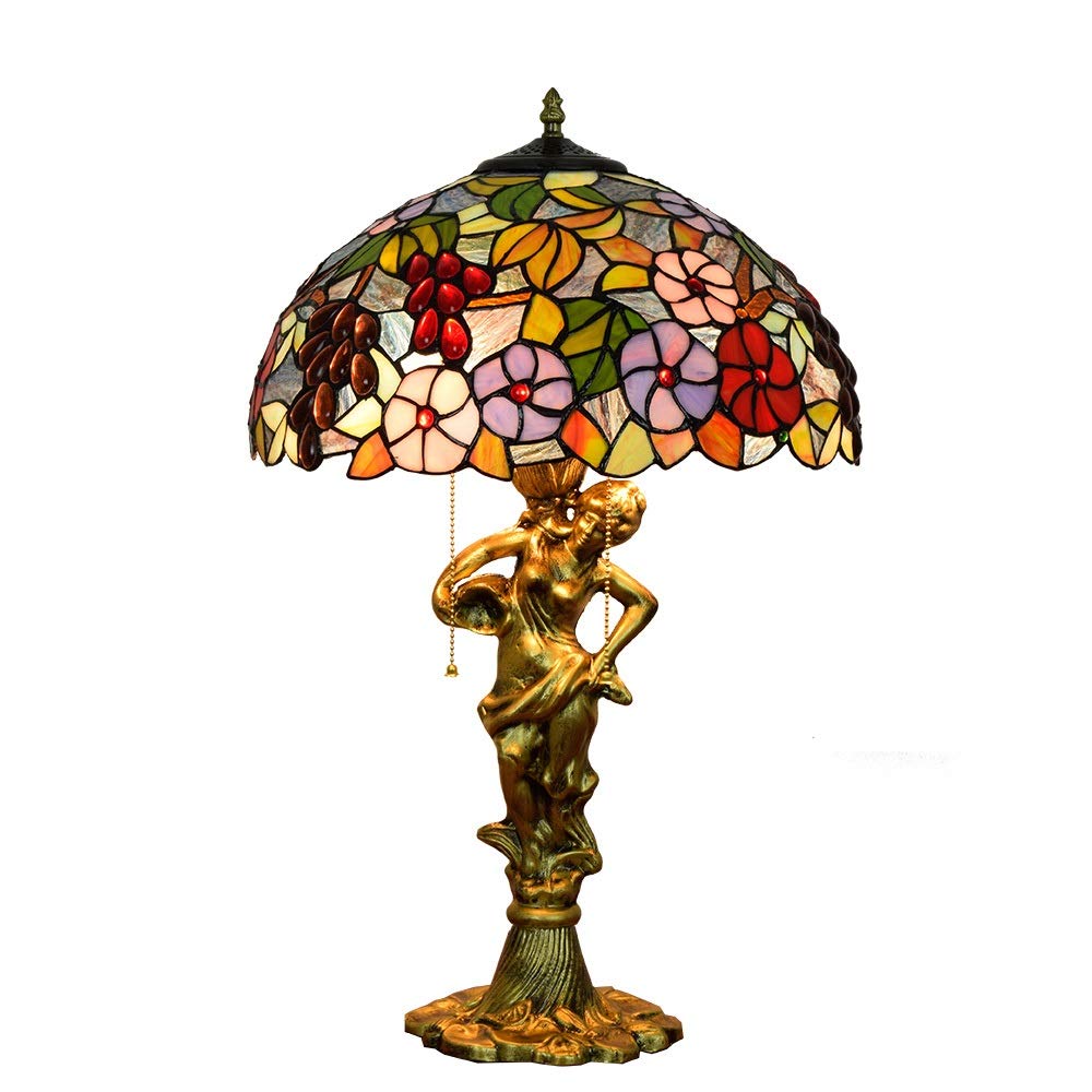 Aioneer 16 Inch Tiffany Stained Glass Table Lamp Colorful Interior Lamps And Lanterns Grape Flower Pattern Glass Lampshade