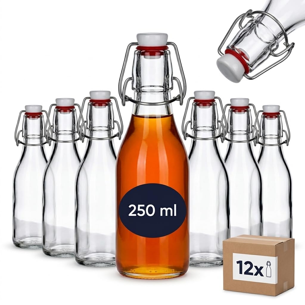 gouveo Zestaw 12 okrągłych butelek szklanych o pojemności 250 ml z zamknięciem typu „klapka” – Puste butelki do napełniania – Idealne do likieru, soku, oleju, octu (BFR250)