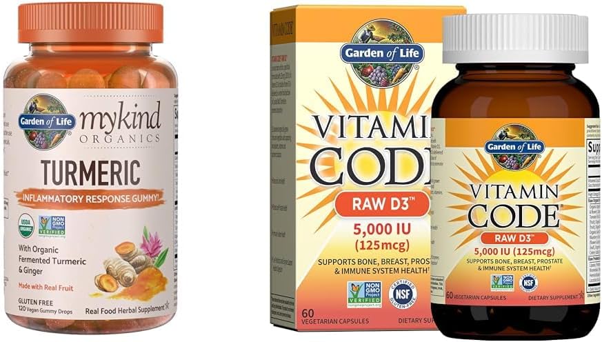 Garden of Life Organics Turmeric Inflammatory Response Gummy - 120 Real Fruit Gummies & Vitamin D, Vitamin Code Raw D3, Vitamin D 5,000 IU, Raw Whole Food Vitamin D Supplement
