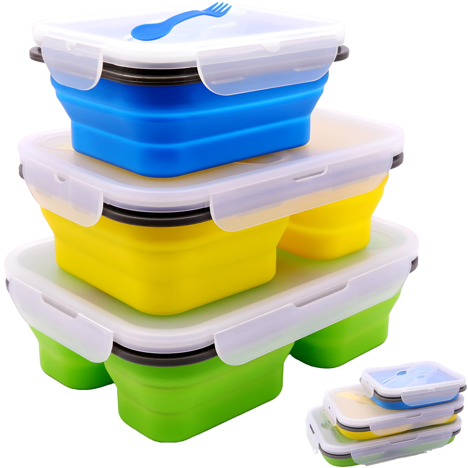 Lot de 3 boîtes à déjeuner pliables en silicone avec couvercles, compartiments, passent au micro-ondes, lave-vaisselle et congélateur, sans BPA (assortiment de 3 pièces)