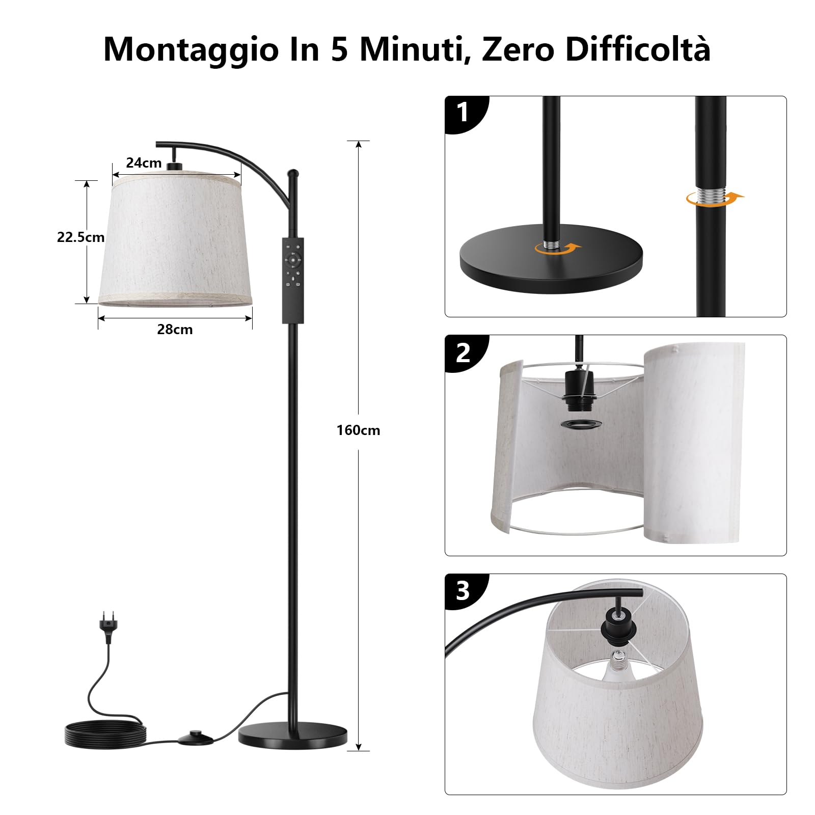 Lampa Podłogowa do Salonu, Lampa łukowa ze Zdalnym Sterowaniem, ściemnialna Lampapodlogowa z Przełącznikiem Nożnym, 3 Temperatury Barwowe, Odpowiednia do Salonu, Sypialni I biura