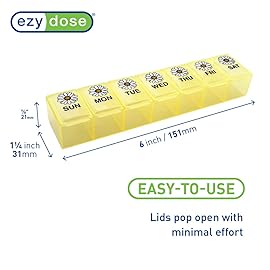 EZY DOSE Weekly (7-Day) Daily Pill Case, Medicine Planner, Vitamin Organizer, Supplement Container, Large Compartments, Yellow Daisy Days Design, Easy-to-Open, Travel-Friendly, BPA Free