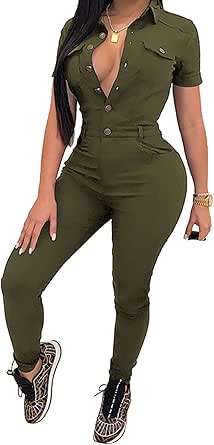 Women's Sexy Short Sleeve Lapel Button Bodycon Jumpsuits Long Pants Club Outfits Rompers with Pocket Army Green S