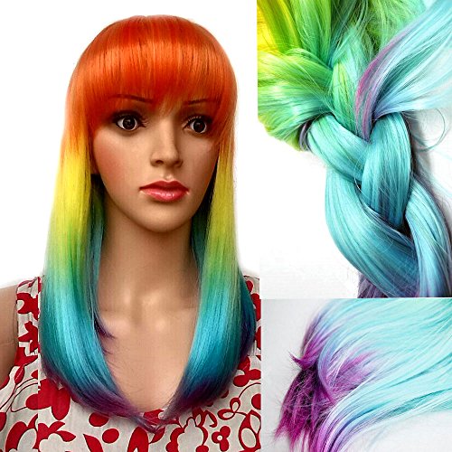 KISSPAT Neon Fun Ombre Wig With Bang, Cool Synthetic Wigs, Fun Rich Colors Gradual Styles, Adjustable Size For Kids & Adults