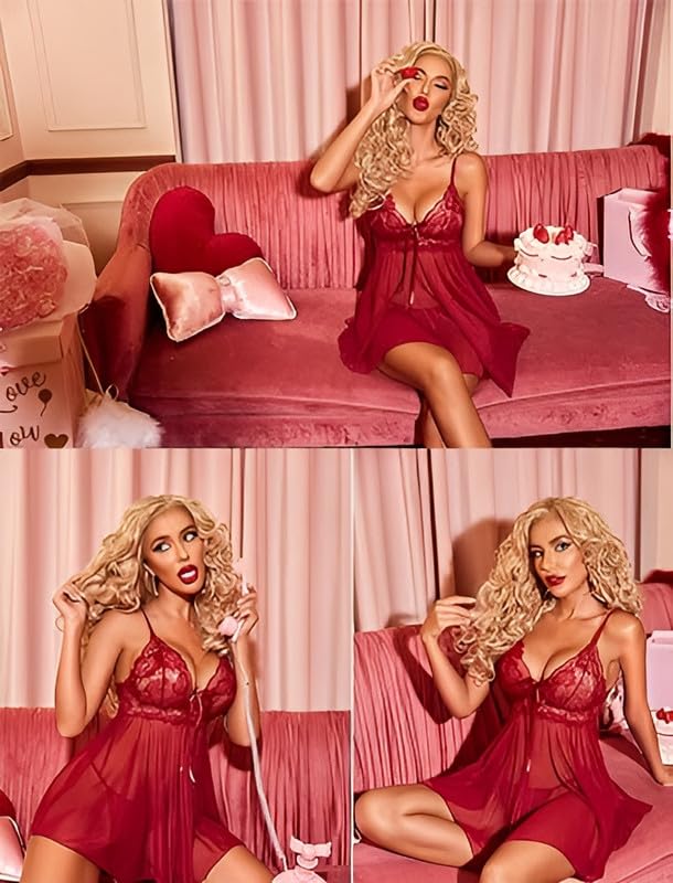 Image of Women Solid Net Lace Babydoll V-Neck Wedding Nighty Above Knee Lingerie S-3XL