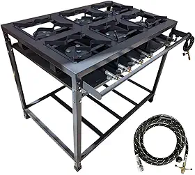 Fogão Industrial 6 Bocas Alta Pressão, Aço Carbono, 95x65x80cm, com Paneleiro, Coletor de Gordura, Cinza