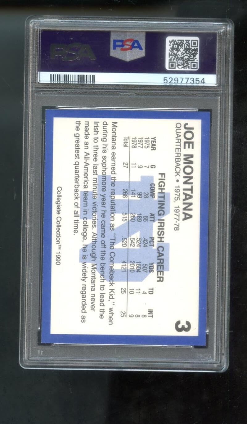 1990 Notre Dame Fighting Irish PROMO Collegiate Collection #3 Joe Montana Graded Football Card MINT PSA 9