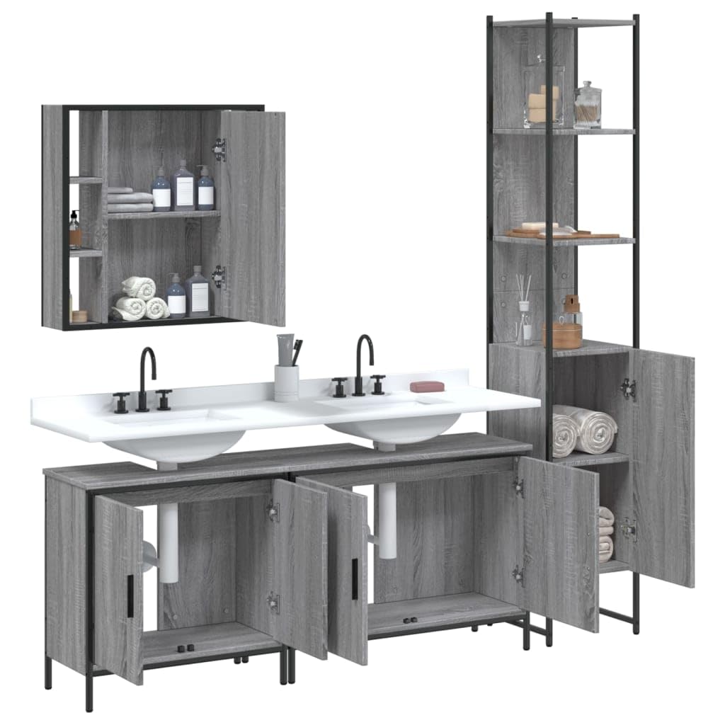 SYDE Set Armario de Baño 4 Pzas Madera Contrachapada Gris Sonoma | Con Espejo y Estante, Acero Recubierto, Patas Ajustables, Fijación a Pared