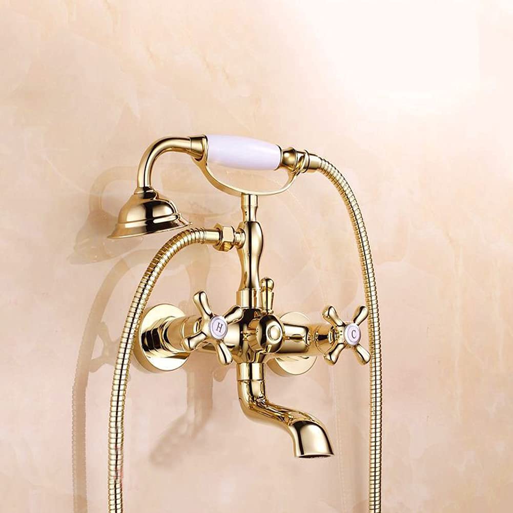 Gx Rubinetto Vasca Bagno con Doccetta, Oro Due Maniglie Rubinetto Miscelatore Vasca A Parete con Supporto E Tubo da 150Cm, Ottone, Anticato