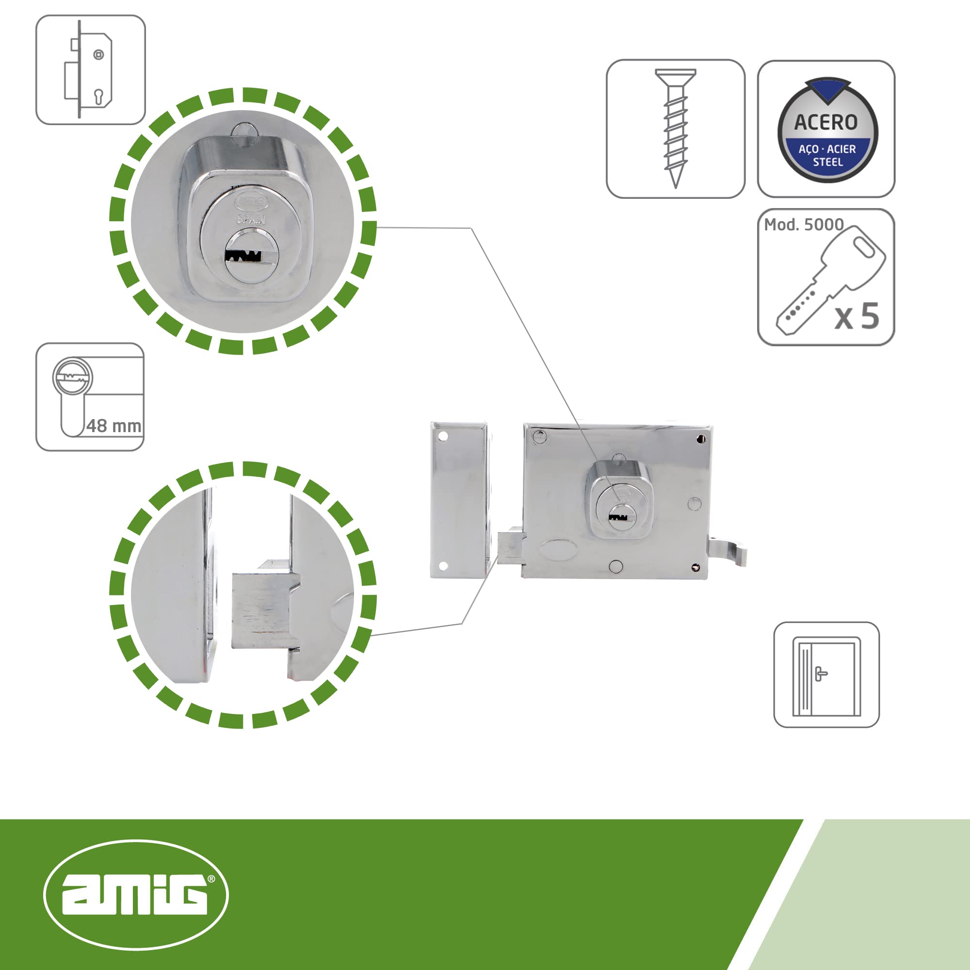 Amig - Cerradura de Sobreponer de Izquierda con Palanca de Cierre, Lengüeta y Tirador para Puertas de Madera Mod. 72-100 x 85 mm - Pestillo Con Cilindro Redondo - Acero Cromado Brillo