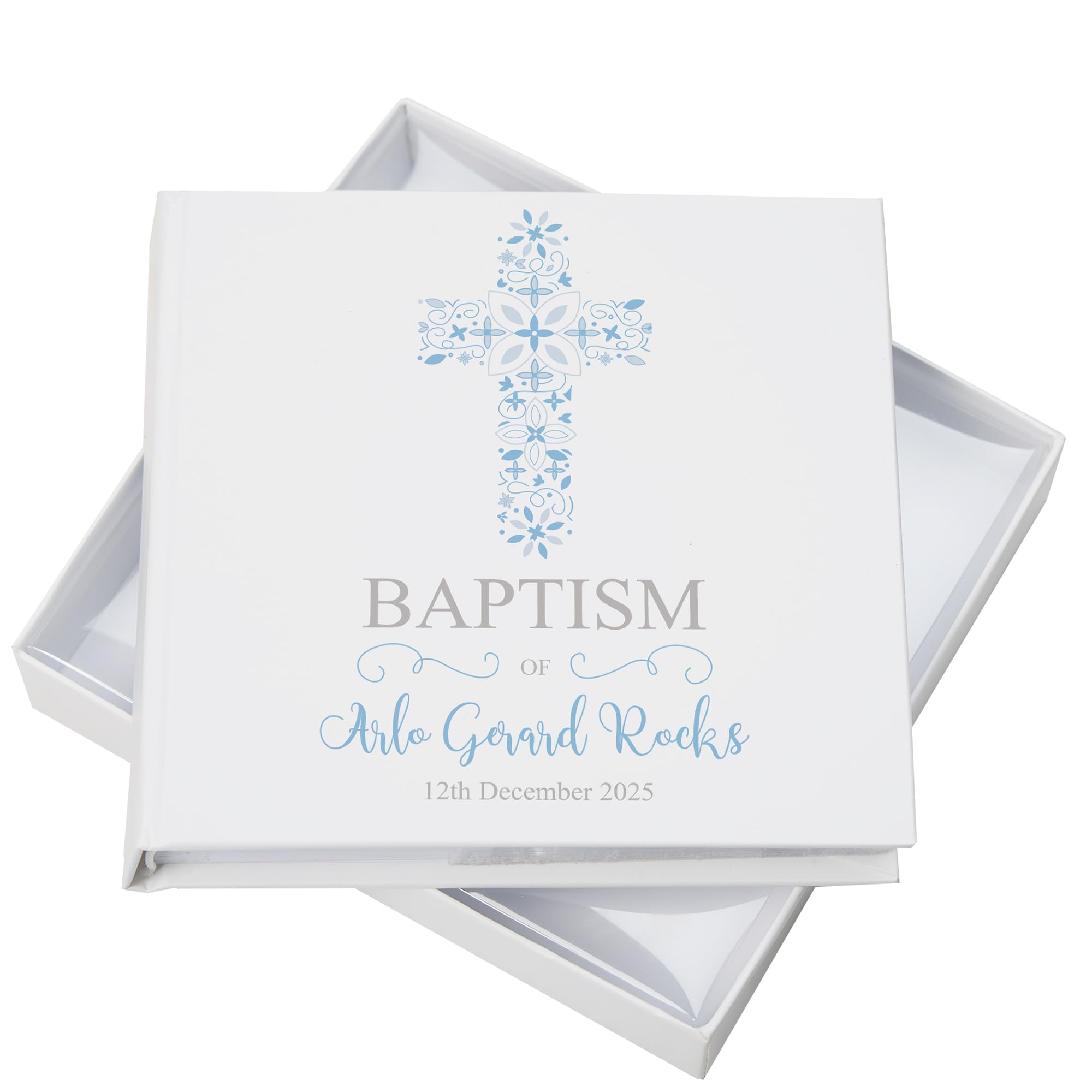 Ukgiftstoreonline White Personalised Baptism Blue Ornate Cross Design Photo Album
