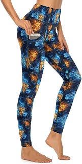 Cool Flame Lion Head Print Leggings for Women, High Waisted Soft Yoga Pants Gym Workout Leggings with Pockets