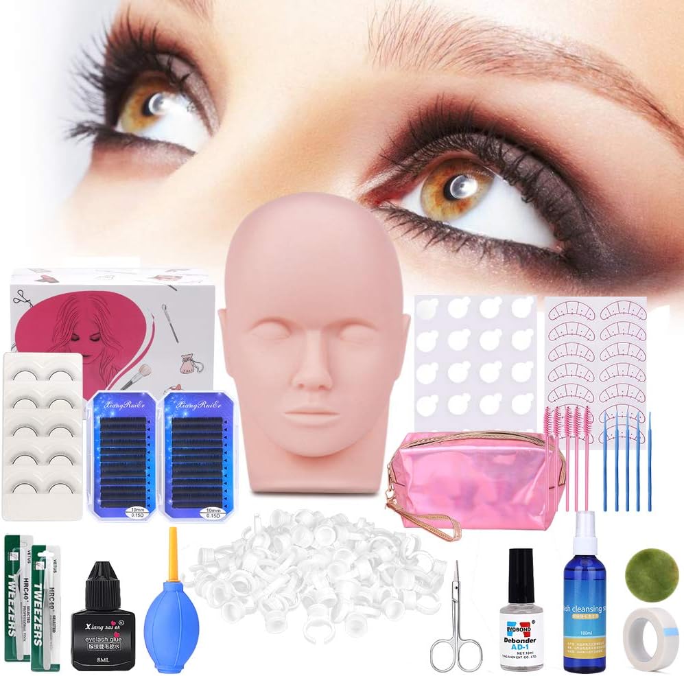 MYSWEETY Eyelash Extension Kit, 19Pcs Professional Eyelash Grafting Training Tools Lashes Extension Supplies Set with Mannequin Head Makeup Bag Glue Tweezers for Practice Eye Lashes Graft