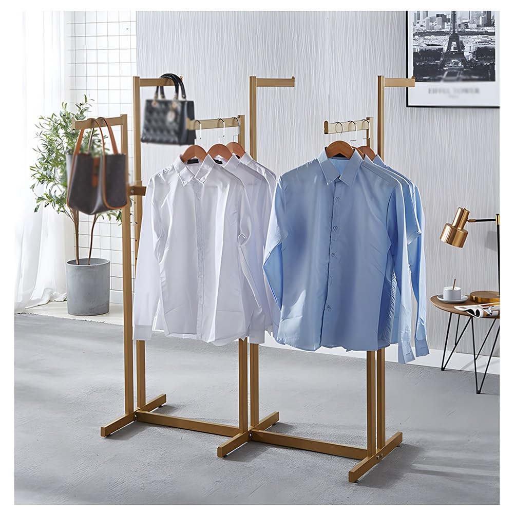 Appendiabiti in metallo for negozio di abbigliamento da terra, espositore for carichi pesanti a 6 vie, appendiabiti sospesi con sollevamento regolabile(Gold)
