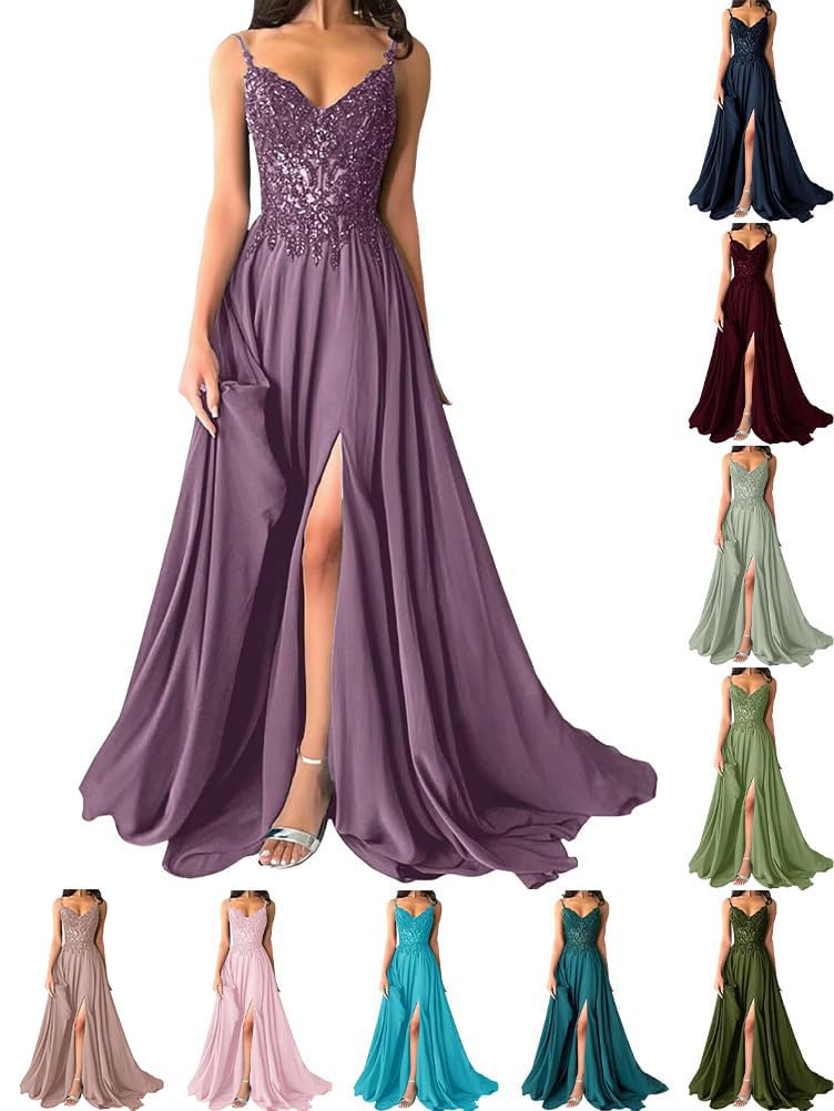 shownicer Abito Cerimonia Donna Vestito Lunghi Eleganti Matrimonio Abito da Sera in Chiffon Vita Alta Scollo A V Abiti in Pizzo Vestiti con Spacco
