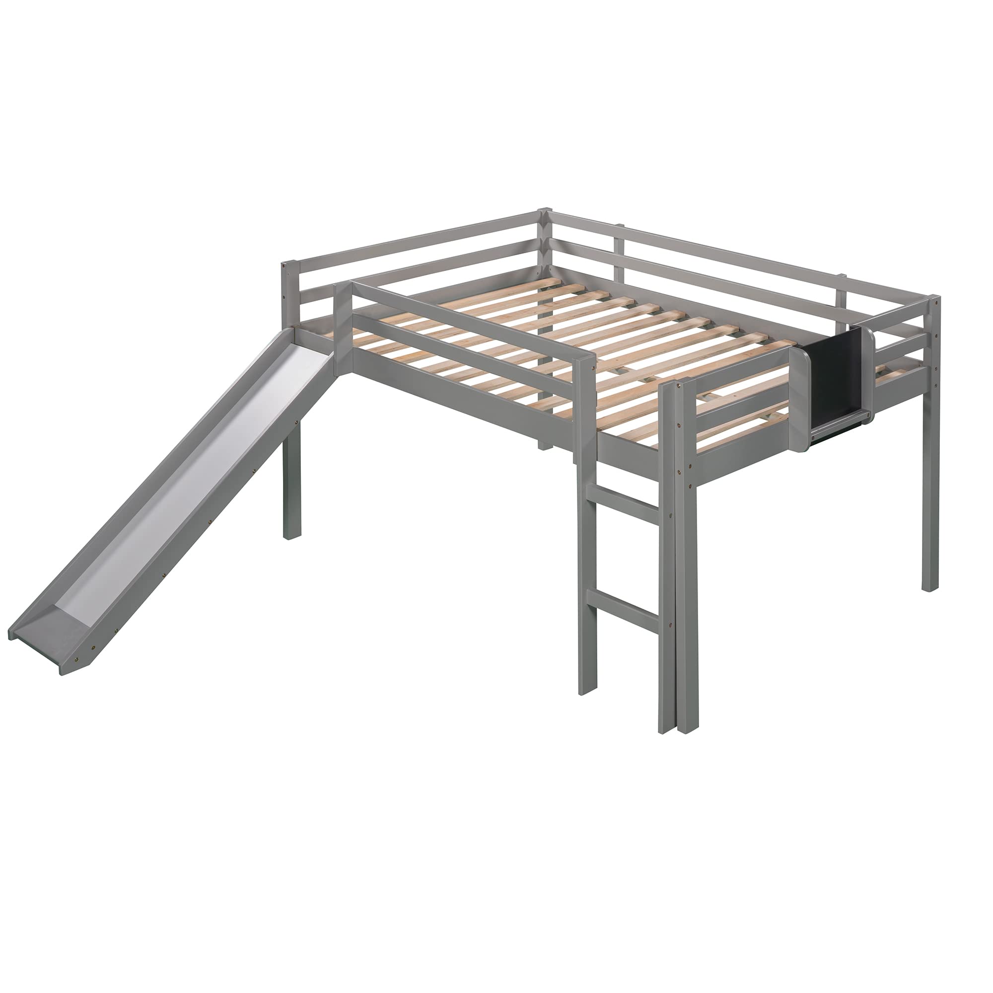 LOVMOR Full Size Loft Bed Wood Bed with Slide, Stair and Chalkboard,Gray