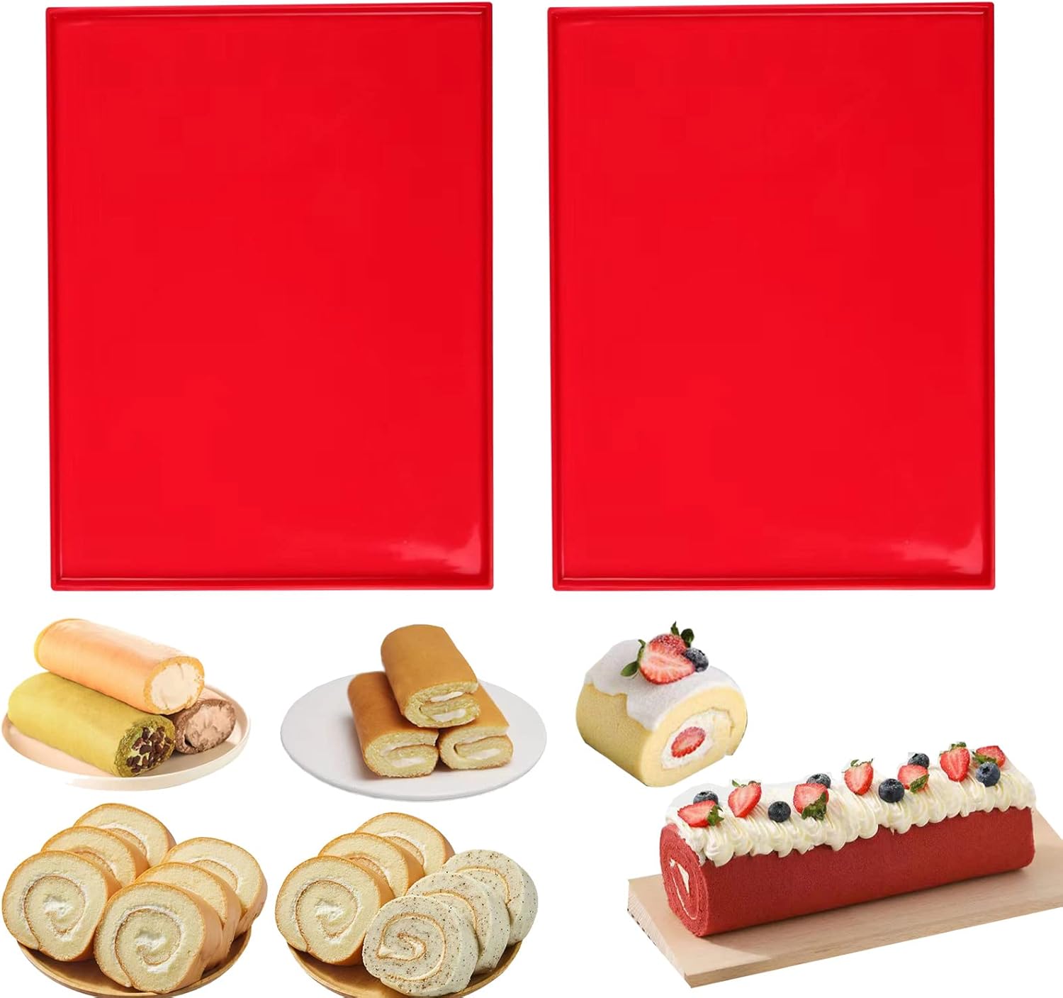Silicone Swiss Roll Cake Mat - 2Pcs Silicone Baking Mat, Jelly Roll Pan, Non-Stick Silicone Mat with Lip, Easy to Clean Silicone Pastry Mat, Great for Swiss Roll, Pastry, Jelly, Cookies (Red) - Thumbnail 2