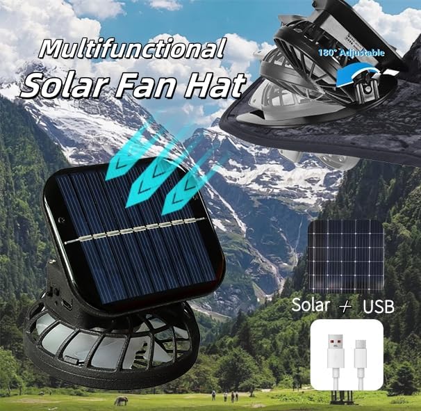 Solar Fan Hat Wide Brim Solar Fan Outdoor Fishing Hat Solar Powered Fan Sun Hat with 2 Removable Fans for Hiking Gardening - Image 6