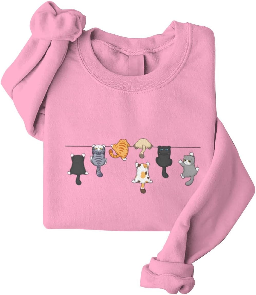 Cute Climbing Cats Print Sweatshirts Funny Long Sleeve Round Neck Casual Pullovers Women Plus Size Sweatshirt