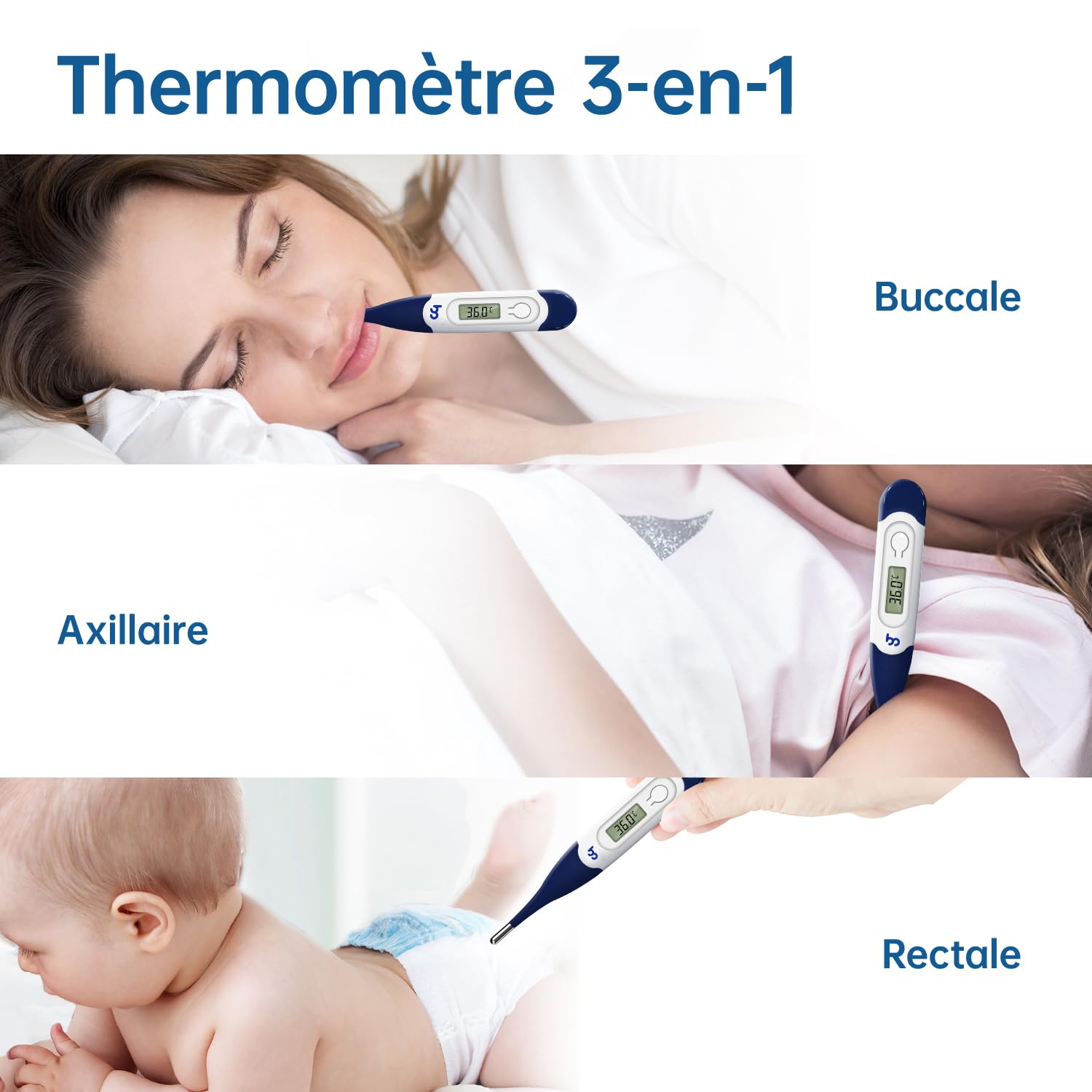 Thermomètre Numérique à Embout Flexible​, Mesure Rapide et Précise par Voie Buccale, Axillaire ou Rectale - Pour Bébés, Enfants et Adultes