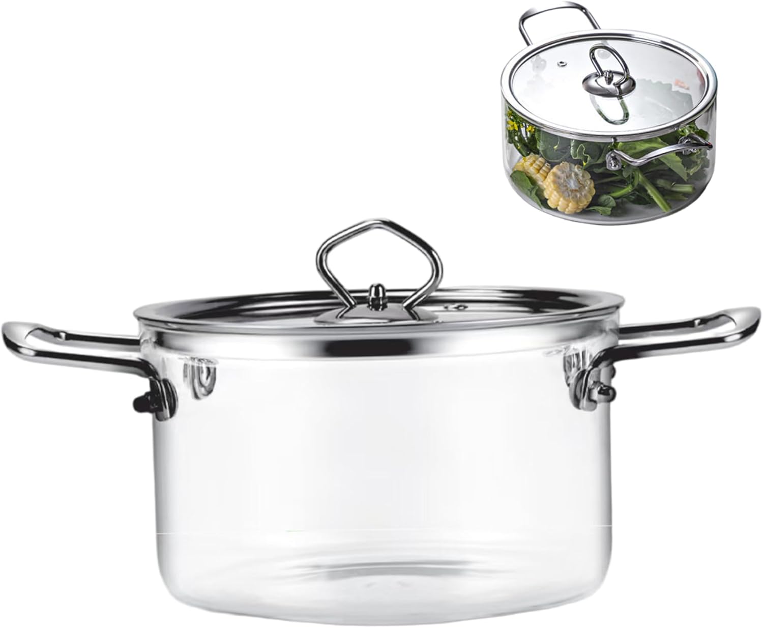Glass Saucepan with Lid 2.5L Transparent Simmer Pot with Dual Stainless Steel Handle Heat- Resistant Glass Pots for Cooking Pasta Noodle Soup Milk
